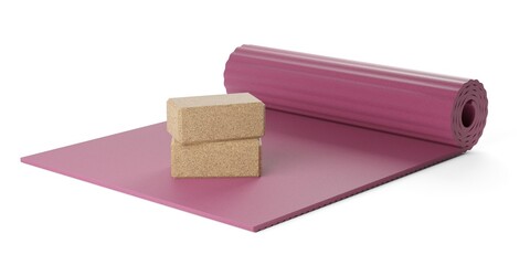 Two stacked yoga or pilates blocks made from natural cork on yoga or pilates mat over white background