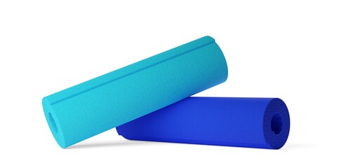 Two blue and cyan rolled yoga or pilates fitness mats on white background