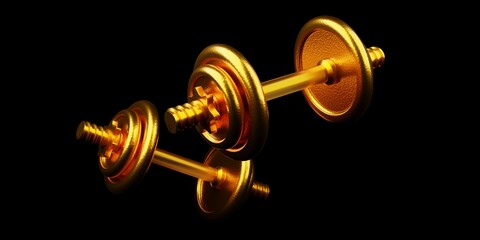 Two gold fitness gym dumbbells with plates isolated on black background, muscle exercise, bodybuilding or fitness concept