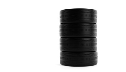 Stack of car tires on white background