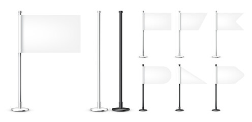 Realistic various table flags on a steel pole. Blank white desk flag made of paper or fabric. Black metal stand. Mockup for promotion and advertising. Vector illustration