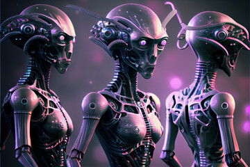 Three humanoid aliens, cartoon illustration
