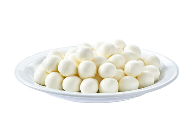 Ceramic plate with baby mozzarella cheese balls isolated on white background.