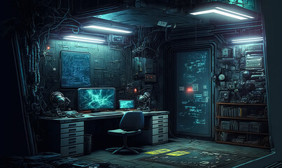 Fototapeta na wymiar futuristic guy room in cyberpunk dystopia, digital art 
