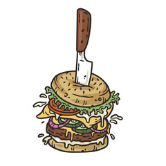 Burger with meat, cheese and vegetable for design of logo or emblem. American fast food or hamburger for label or poster. USA food with bun, lettuce, cheese, tomato, onion, cutlet for store
