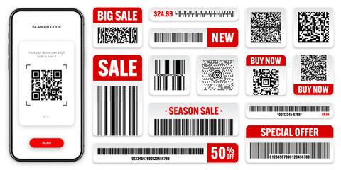 Product barcodes and QR codes. Smartphone application, scanner app. Sale stickers, discount label or promotional badge. Serial number, product ID. Store, supermarket scan labels. Vector illustration
