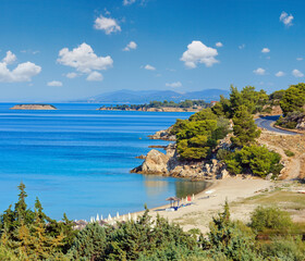 Morning sandy Kaviou beach. Summer top view (Nikiti, Sithonia, Halkidiki, Greece).