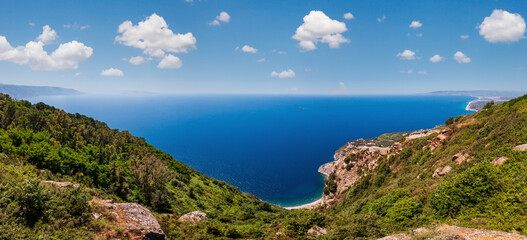 Summer picturesque Tyrrhenian sea Calabrian coast view from Monte Sant'Elia (Saint Elia mount, Calabria, Italy) top.