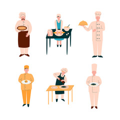 Chef Character in Apron and Toque Preparing Food at Restaurant Kitchen Vector Set