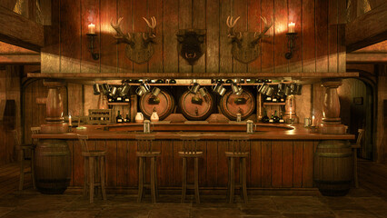 Medieval tavern bar with barrels of ale, cider and mead lit by candlelight. 3D rendering.