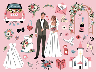 Cartoon wedding elements. Romantic party objects, bride and groom accessories, couple in love, married people, newlyweds, rings and dove, church and car, festive cake, tidy vector set