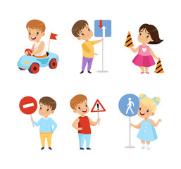 Little Kid Pedestrian Learning Road Sign and Traffic Rule Vector Set