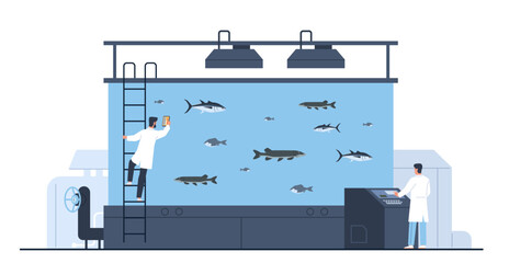 Fish farm concept. Seafood aquaculture, valuable breeds artificial breeding and cultivation, eco systems, care and control, huge aquarium, food industry nowaday vector cartoon illustration
