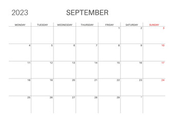 Monthly planner. Horizontal monthly calendar. Simple, minimalist design.