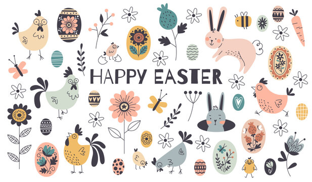 Happy easter cartoon elements. Decorative religious holiday objects, painted eggs, cute chickens, funny bunnies, hand drawn spring flowers and leaves, isolated festive decor, tidy vector set