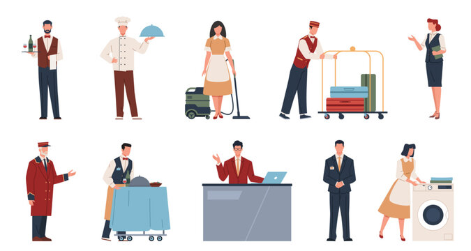 Hotel staff. Professionals in uniforms, hotel business employees, porter, receptionist, housemaid and waiter character, cook and manager, standing people nowaday vector cartoon flat set