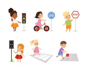 Little Kid Pedestrian Learning Road Sign and Traffic Rule Vector Set