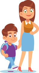 Mother with son. Daily happy boy hold moms hand, cute school pupil with backpack, happy young parent, happy family, relationships and parenthood concept vector cartoon flat illustration