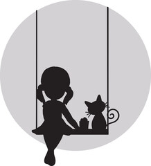 Silhouette of a girl and cat swinging on the moon