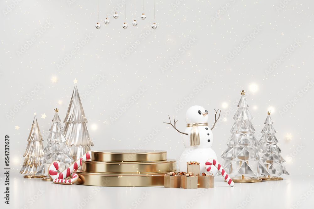 Poster merry christmas event product display podium with decoration background 3d rendering