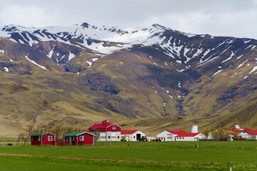 Fototapeta na wymiar Red colored houses and snow capped mountains in iceland