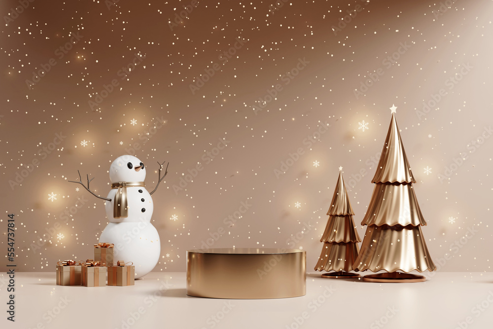Poster merry christmas event product display podium with decoration background 3d rendering