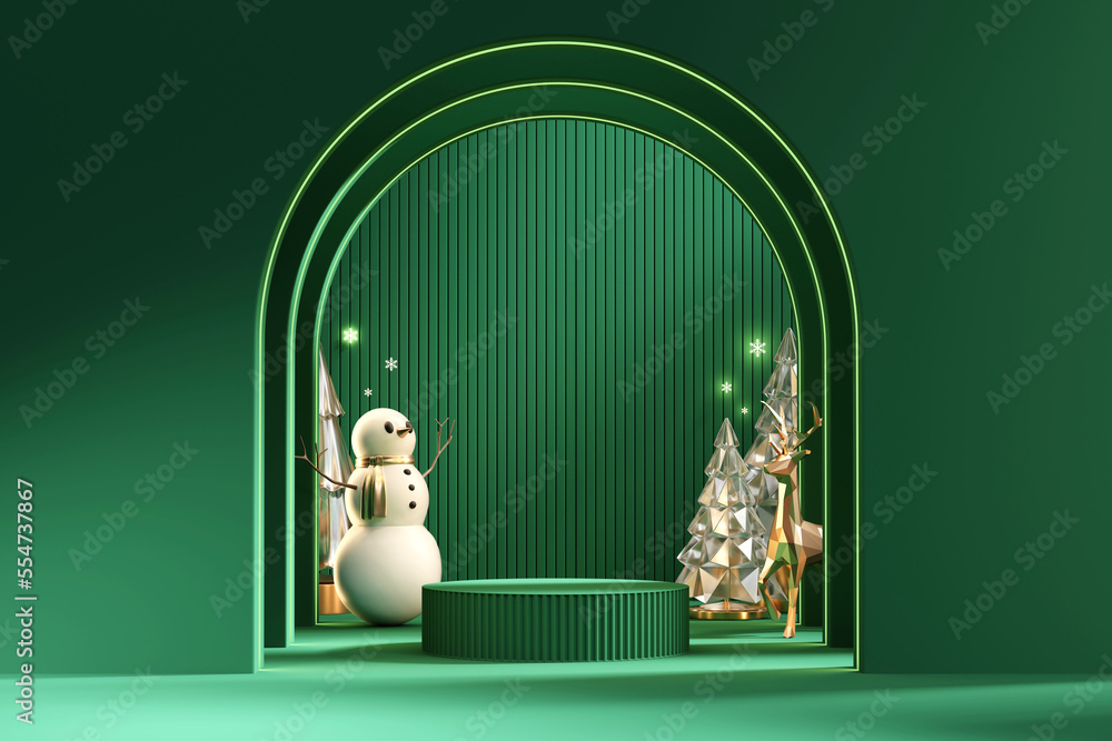 Poster merry christmas event product display podium with decoration background 3d rendering