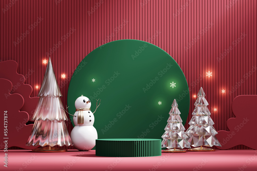 Poster merry christmas event product display podium with decoration background 3d rendering