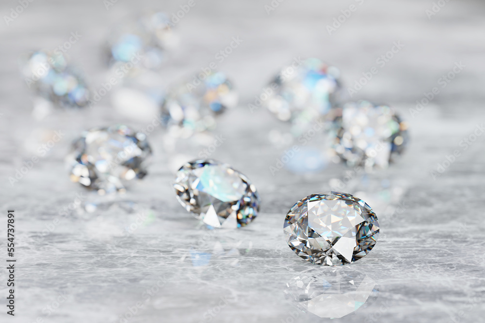 Poster diamonds group placed on glossy background 3d rendering