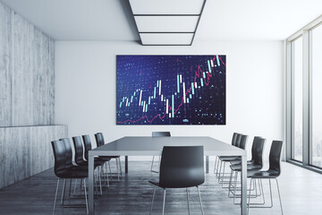 Abstract financial diagram on presentation monitor in a modern boardroom, banking and accounting concept. 3D Rendering