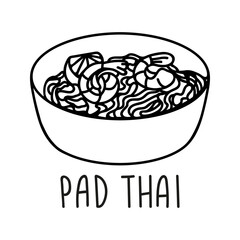 Pad thai noodle bowl in hand drawn doodle style. Asian food for restaurants menu