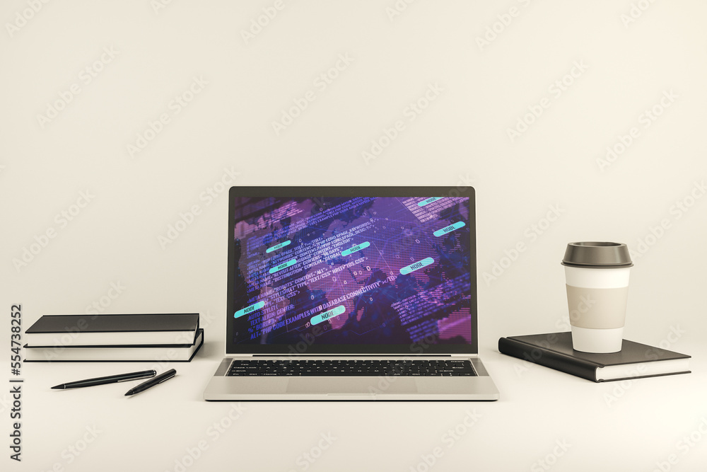 Fototapete modern computer monitor with abstract programming language with world map, research and development 