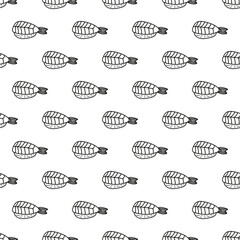 Japanese ebi nigiri seamless pattern in hand drawn doodle style. Asian food for restaurants menu