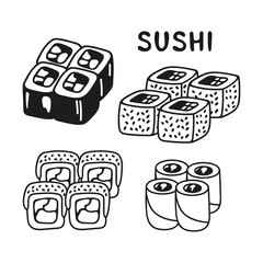 Japanese sushi roll set in hand drawn doodle style. Asian food for restaurants menu