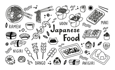 Big collection Japanese food in hand drawn doodle style. Asian food for restaurants menu