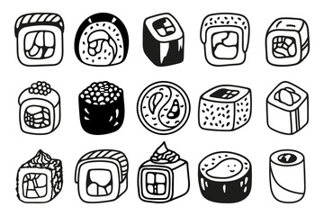 Japanese sushi roll set in hand drawn doodle style. Asian food for restaurants menu