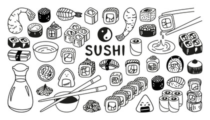 Japanese sushi roll set in hand drawn doodle style. Asian food for restaurants menu