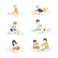 Creative Boy and Girl Modeling from Plasticine, Drawing on Paper and Making Applique Vector Set