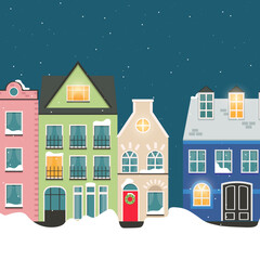 Obraz na płótnie Canvas scandinavian houses in winter. snowy city. flat design vector illustration