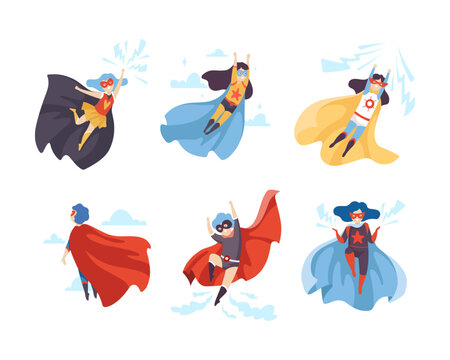 Little Boy and Girl in Superhero Cloak and Mask Having Superpower Flying Vector Set