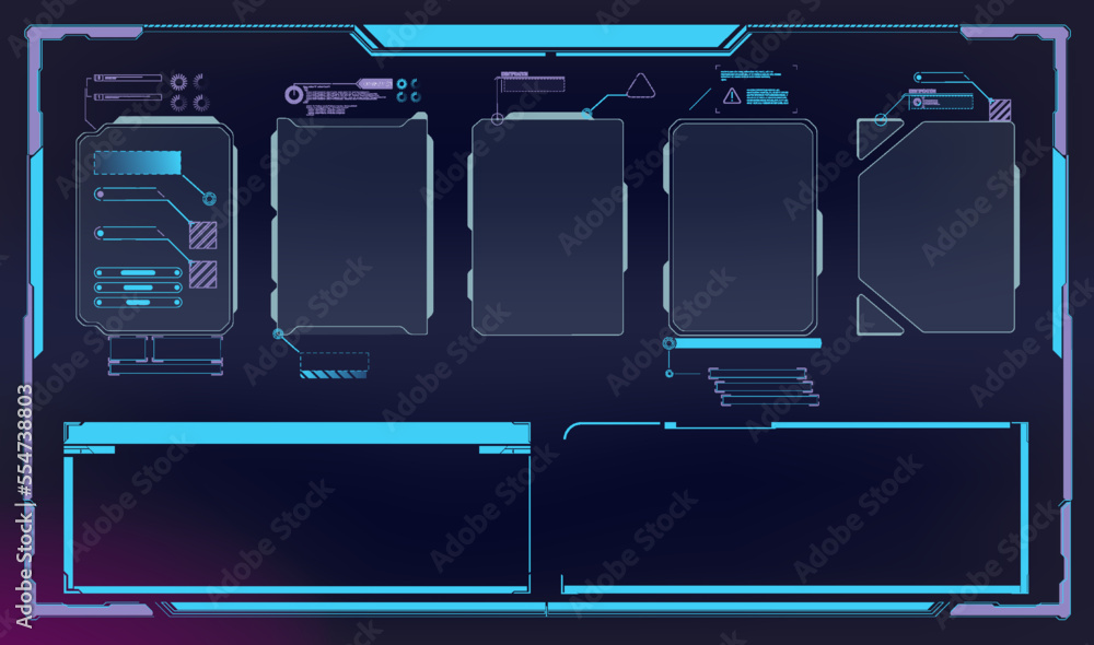 Poster Futuristic interface ui elements. Holographic hud user interface elements, high tech bars and frames. HUD, UI, GUI futuristic user interface screen elements set. High tech screen for video game.