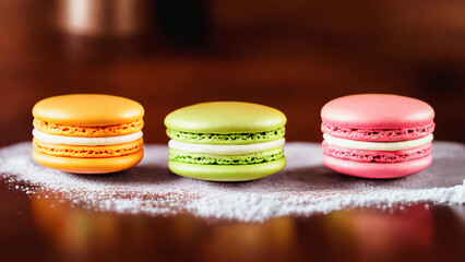 three color of macaron on powder and brown background blur