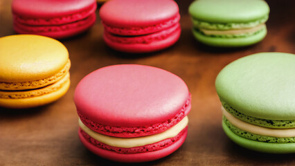 a lot of macaron with different color on wooden background