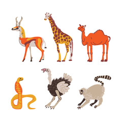 African Animals with Cobra, Giraffe, Camel, Ostrich and Lemur Vector Set