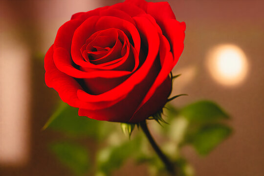 A close-up shot single blooming red rose and soft light brown background