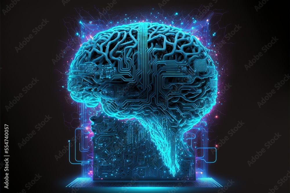 Aufkleber cyber brain, neon background. information processing and databases. high-tech data processing and tr