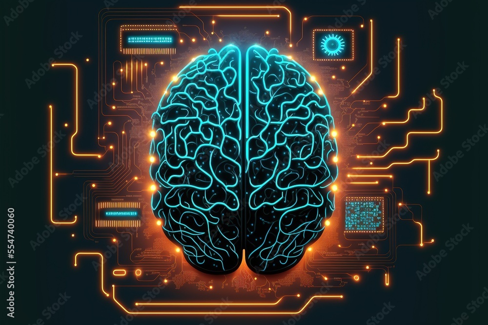 Aufkleber cyber brain, neon background. information processing and databases. high-tech data processing and tr