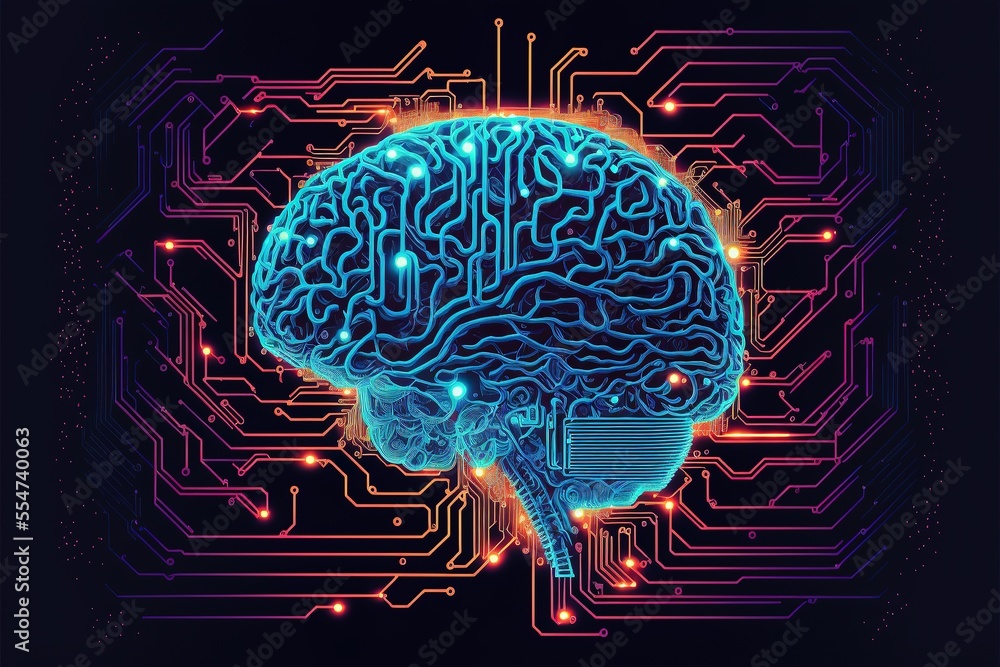 Aufkleber cyber brain, neon background. information processing and databases. high-tech data processing and tr
