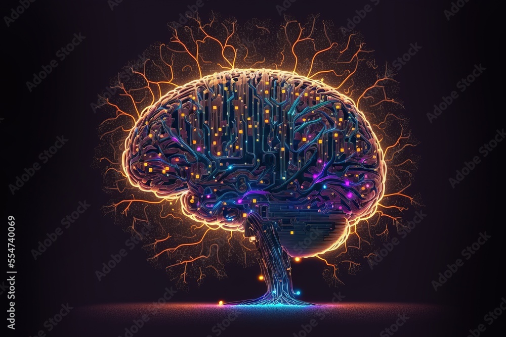 Aufkleber cyber brain, neon background. information processing and databases. high-tech data processing and tr