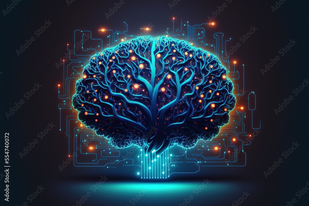 Aufkleber cyber brain, neon background. information processing and databases. high-tech data processing and tr